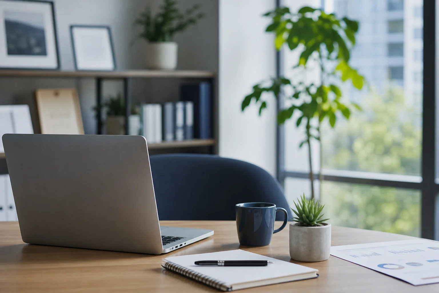 A modern, minimal home-office desk setup with a laptop, notebook, and coffee — representing a calm, organized way of working
