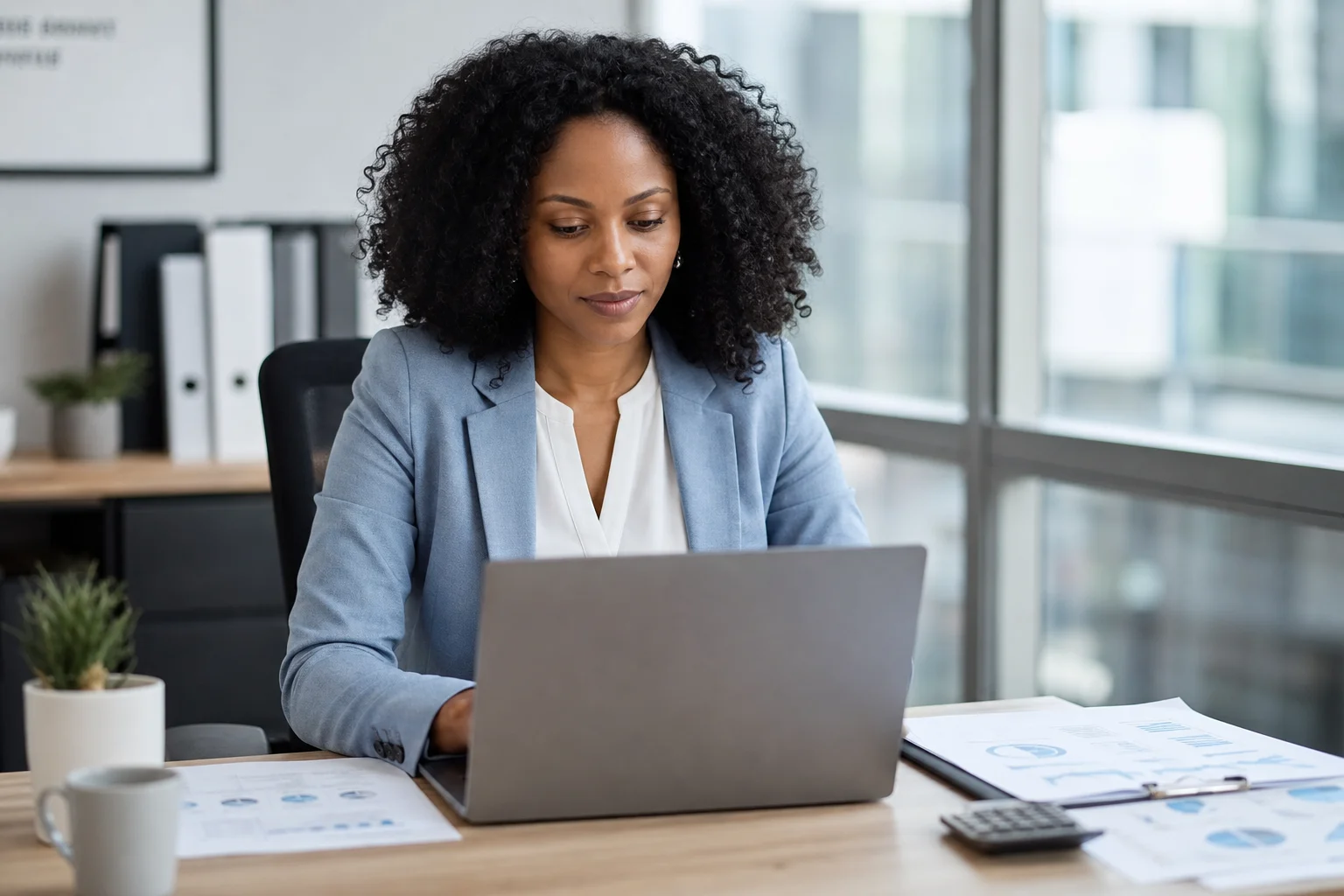 Bookkeeping professional reviewing financial reports on a laptop in a bright office
