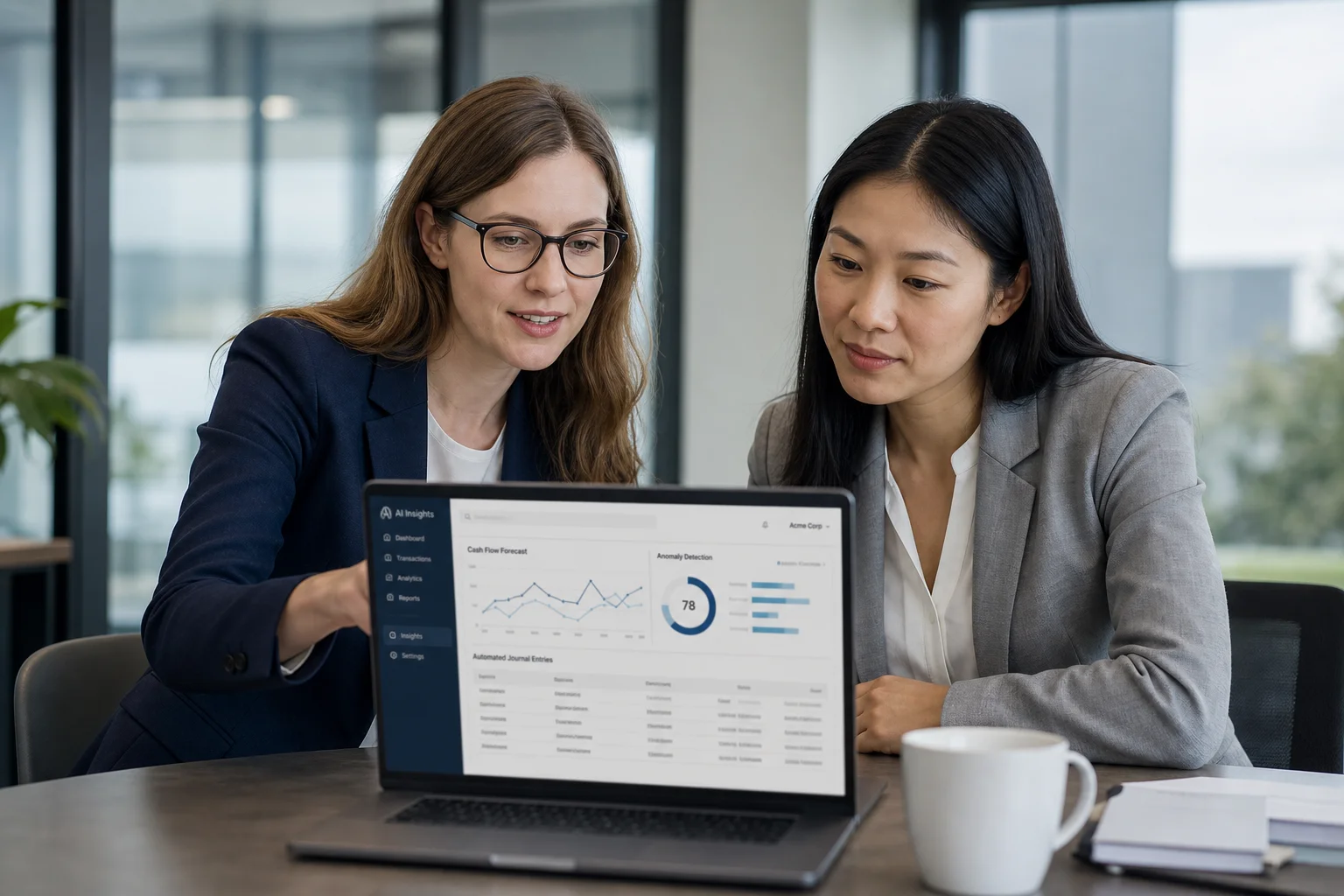 Two accounting professionals reviewing an AI dashboard together on a laptop in a modern office