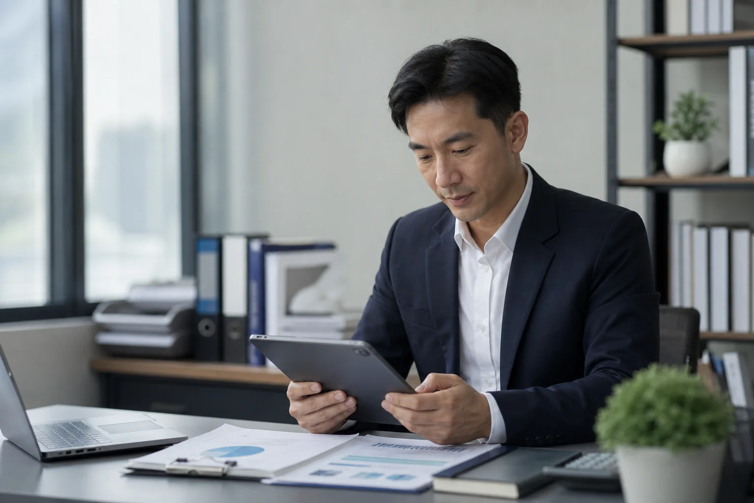 Accounting professional reviewing client documents on a tablet at an organized desk