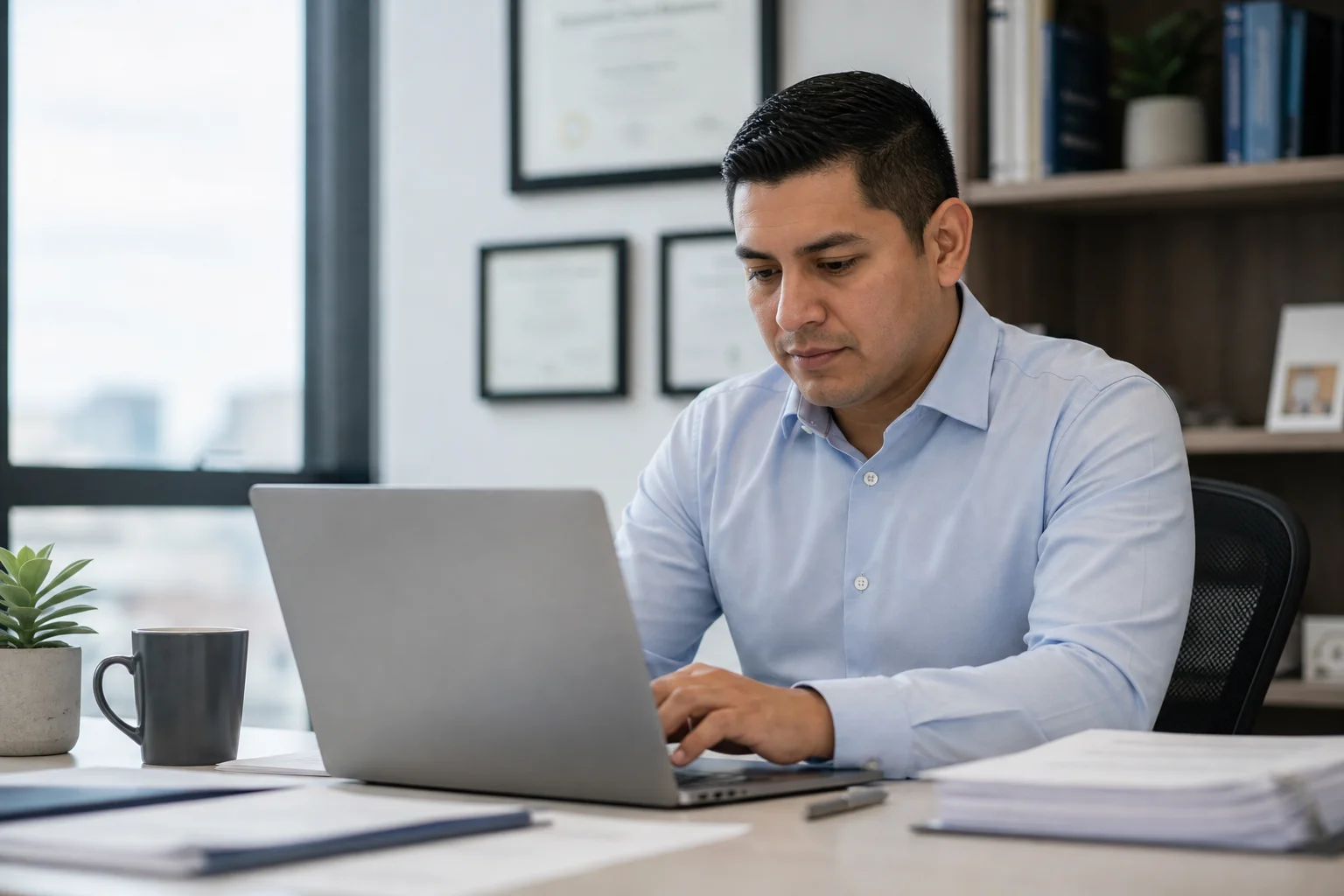 Accounting professional organizing digital client documents on a laptop at a clean desk