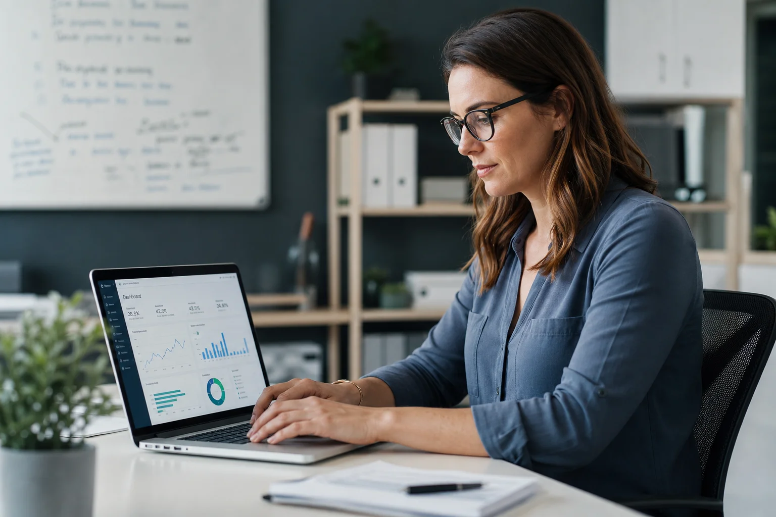 Bookkeeping professional reviewing financial dashboard data on a laptop