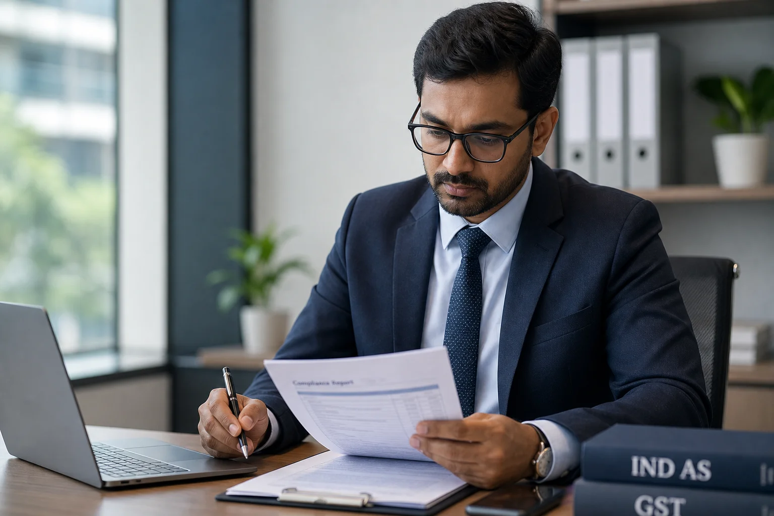Accounting professional reviewing a compliance document at a desk