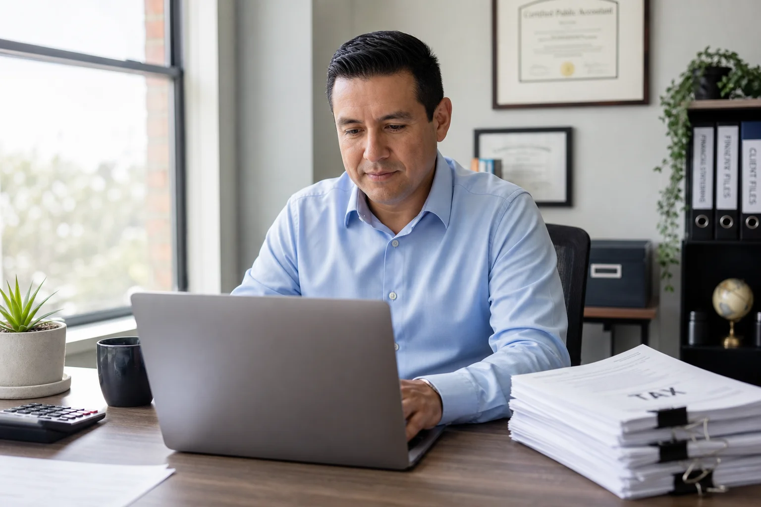 Accounting professional in an Orlando, FL office working calmly at a laptop with tax documents organized nearby