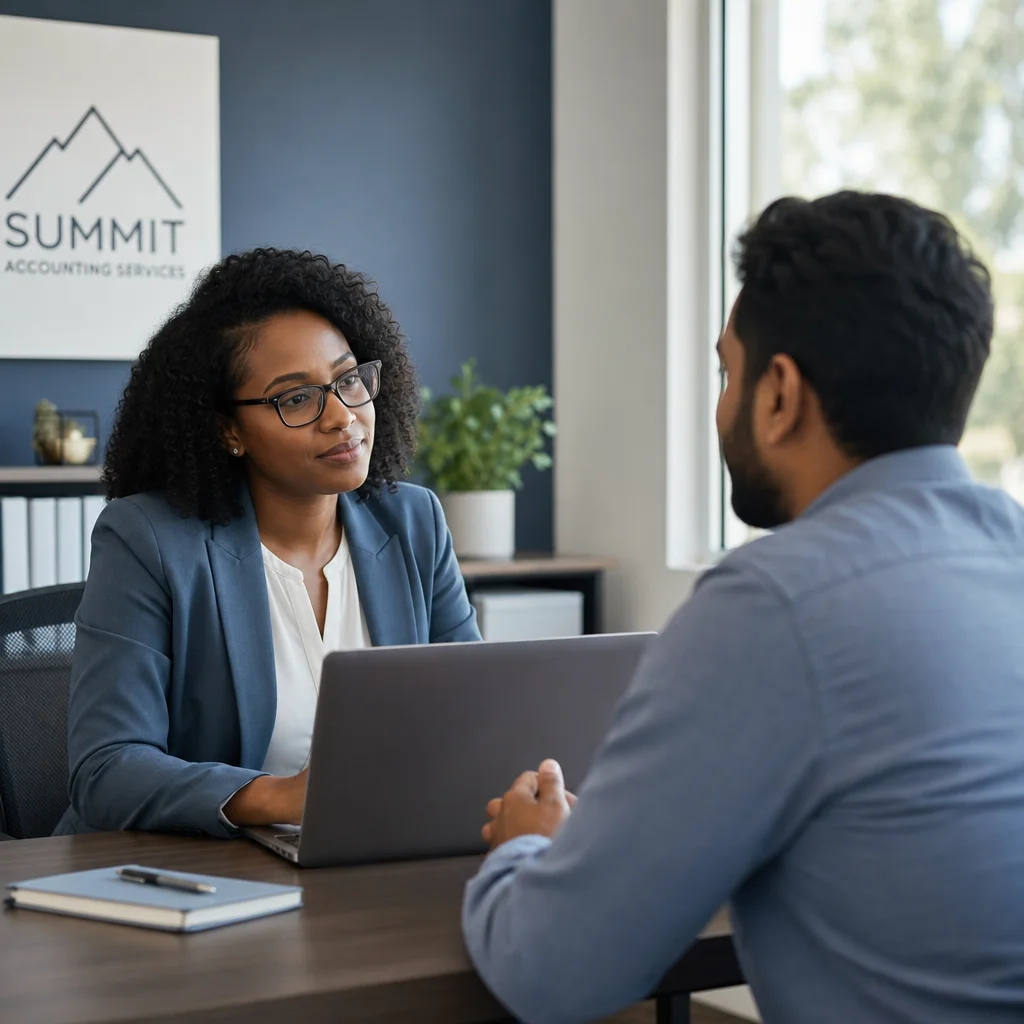 Accounting firm staff member onboarding a new client in a modern Orlando office