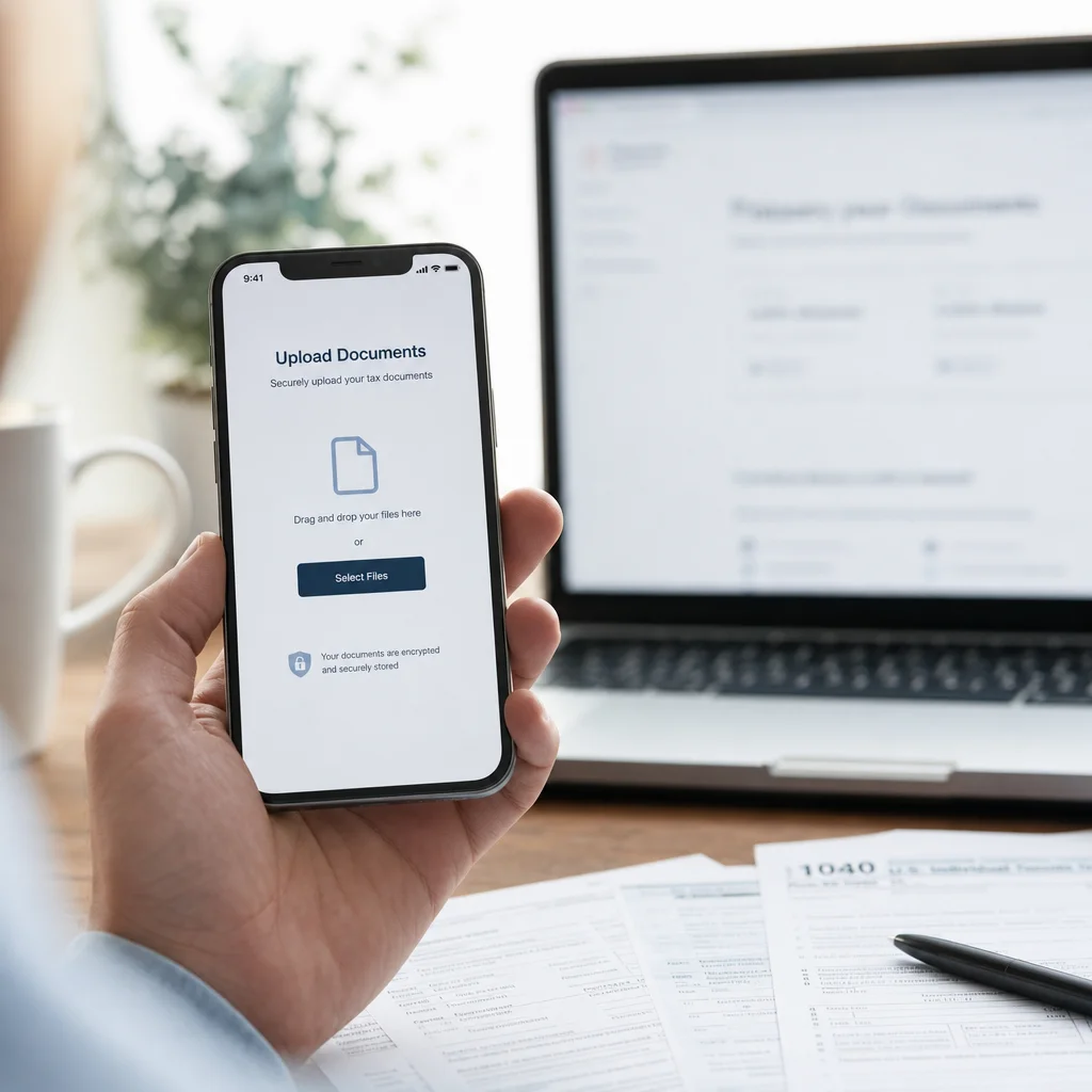 Client uploading tax documents through a simple mobile intake form instead of emailing attachments